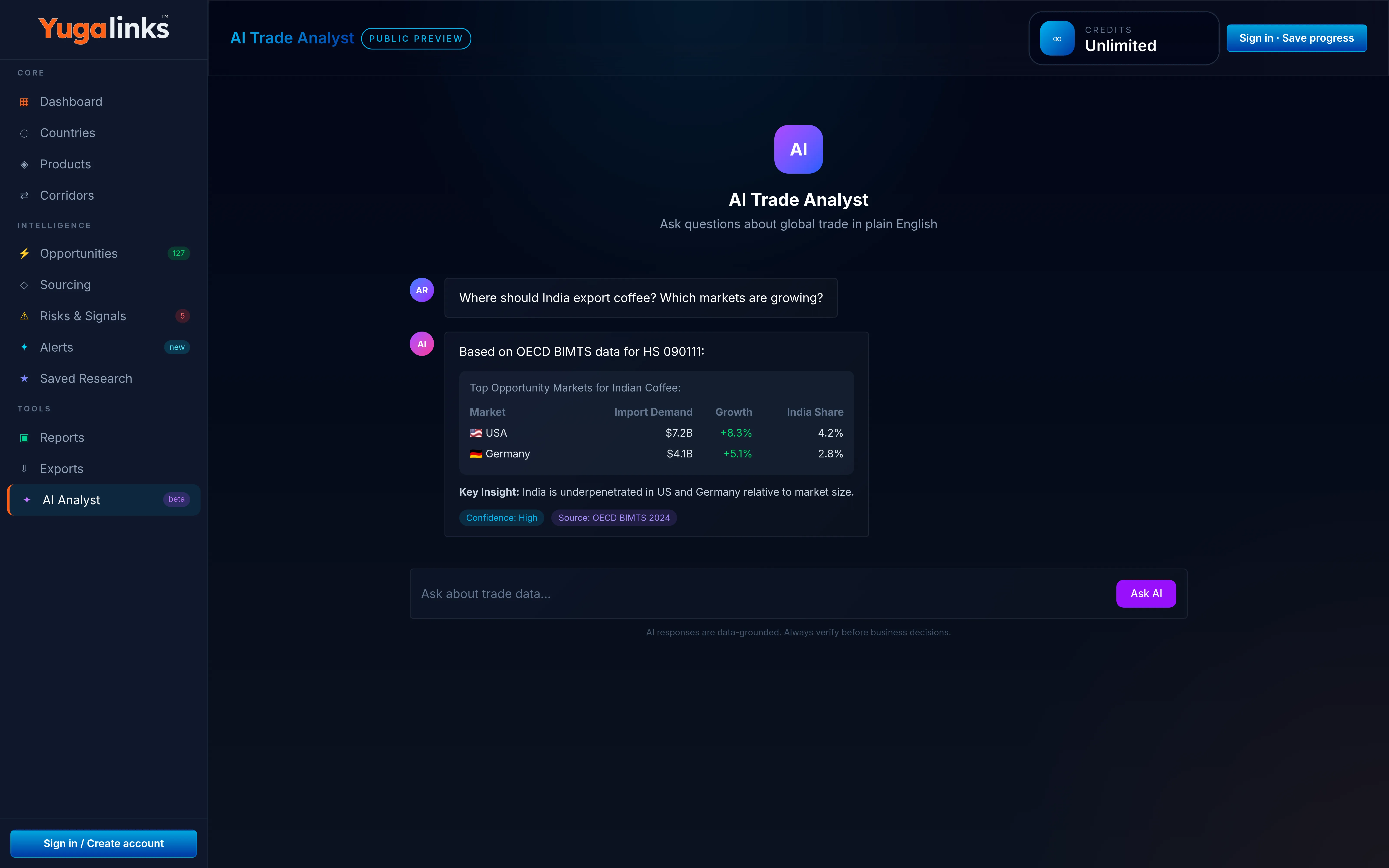 Grounded AI analyst interface preview